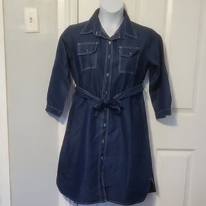 NWT Times Two Maternity Navy Blue Denim Button-Up Maternity Dress with Belt